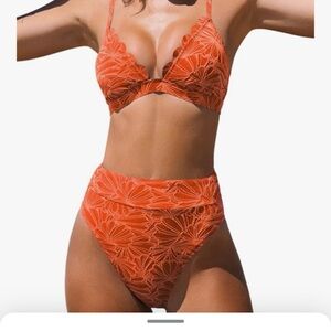 Cupshe Orange Floral Lace High-Waist Bikini Set